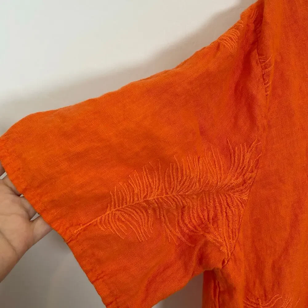 Italian 100% Linen Embroidered Orange Dress with Pockets Women’s One Size - Picture 3 of 7